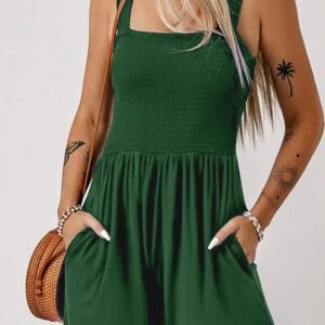 Green Casual Pocketed Smocked Sleeveless Romper