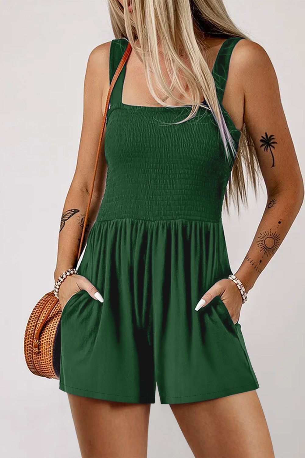 Green Casual Pocketed Smocked Sleeveless Romper