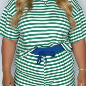 Green Stripe Boxy Tee Drawstring Elastic Waist Plus Size Short Set