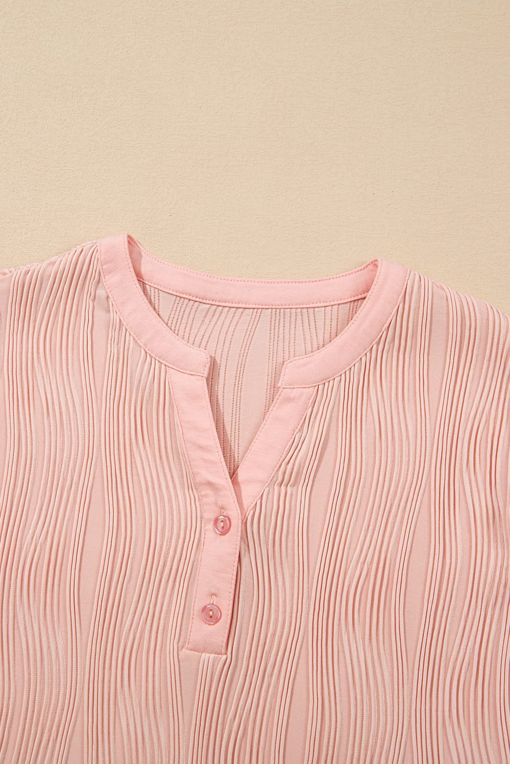 Pink Wavy Textured Button V Neck Tee