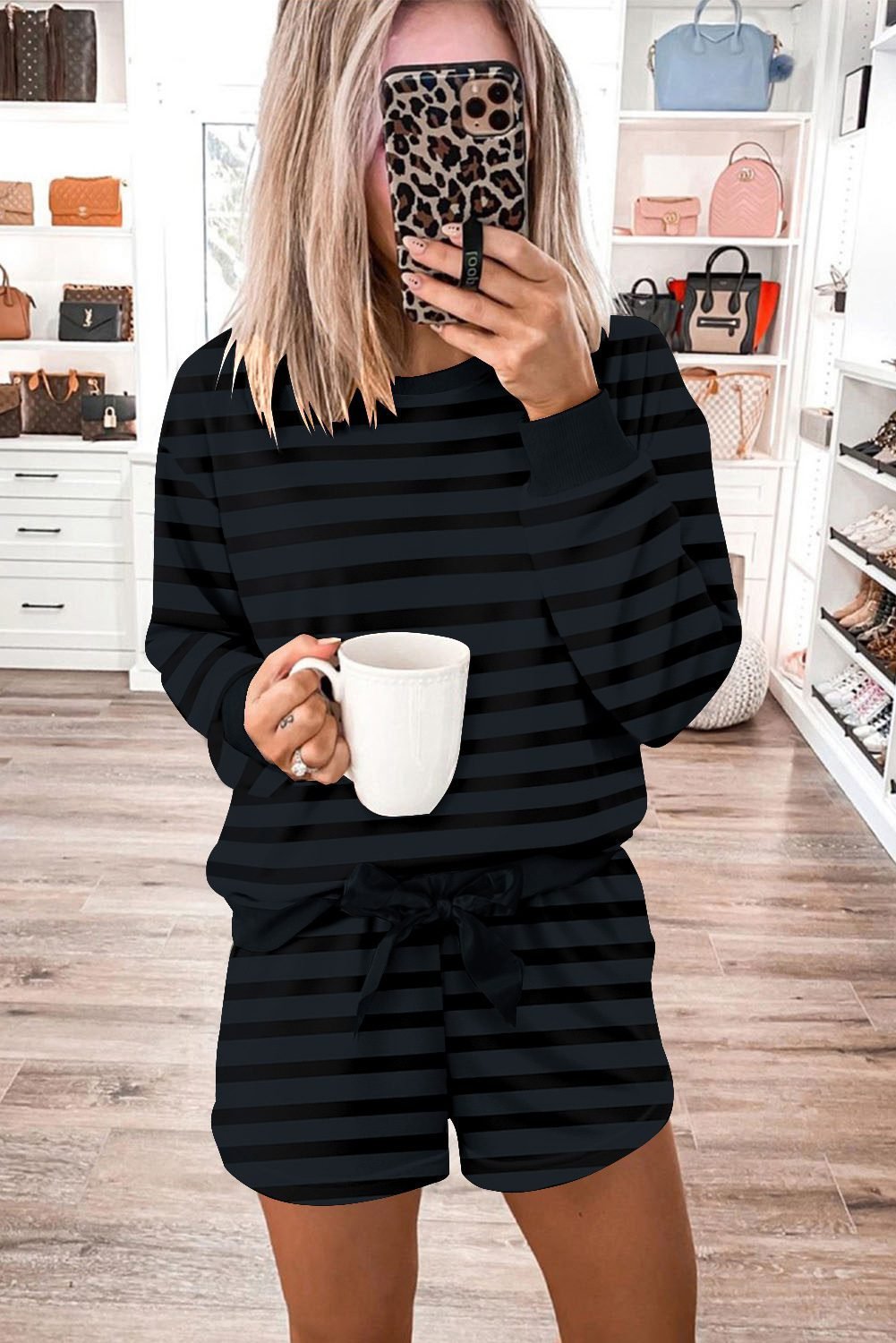 Gray Printed Stripe Long Sleeve Satin Tie Shorts Two Piece Set