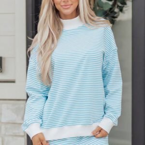Sky Blue Stripe Oversize Mock Neck Sweatshirt and Shorts Set