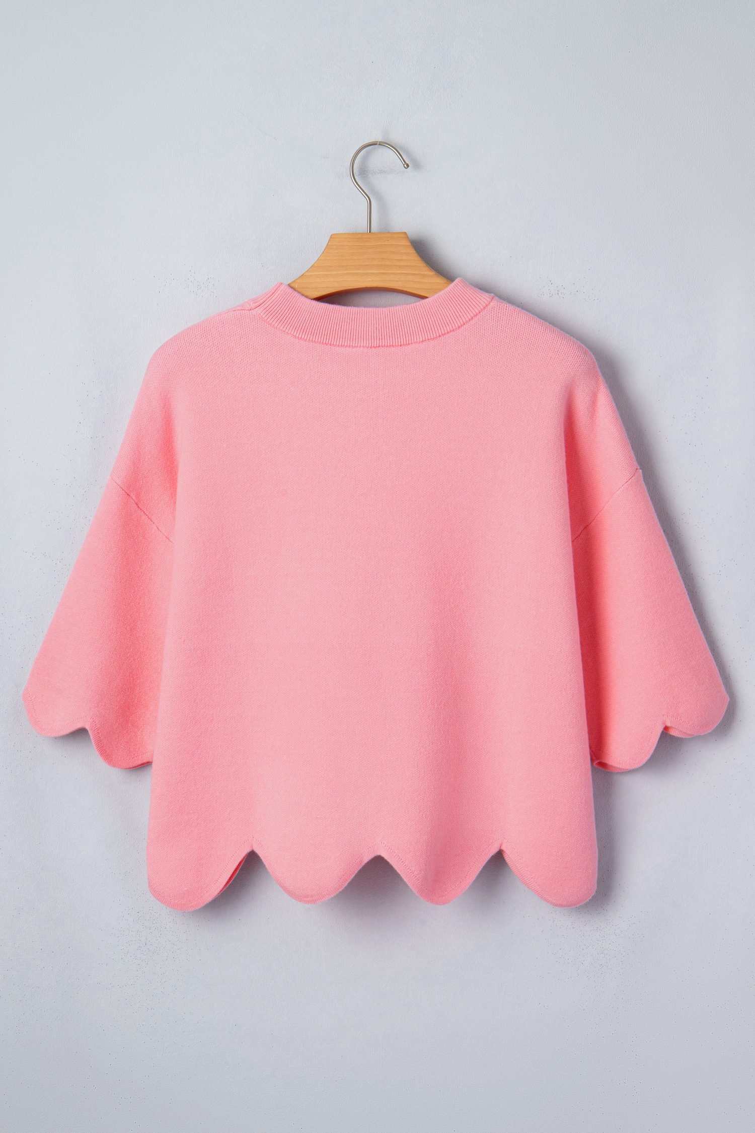 Pink Scalloped Hem 3/4 Sleeve Sweater Top