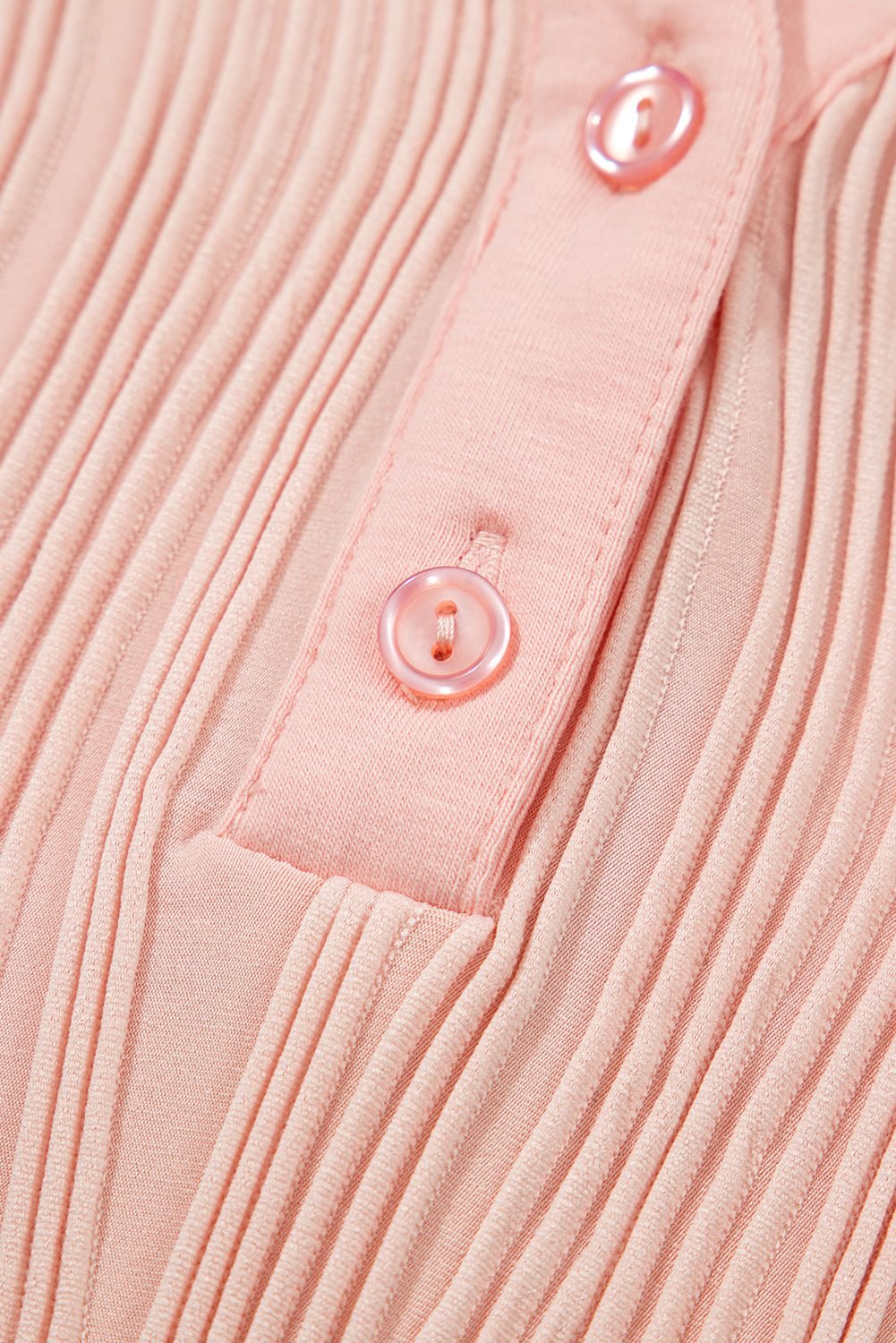 Pink Wavy Textured Button V Neck Tee