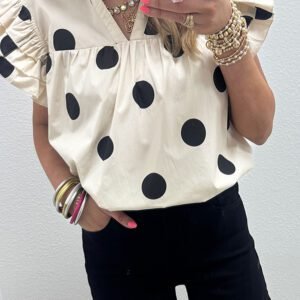 Apricot Casual Polka Dot V-Neck Ruffle Short Sleeve Shift Blouse