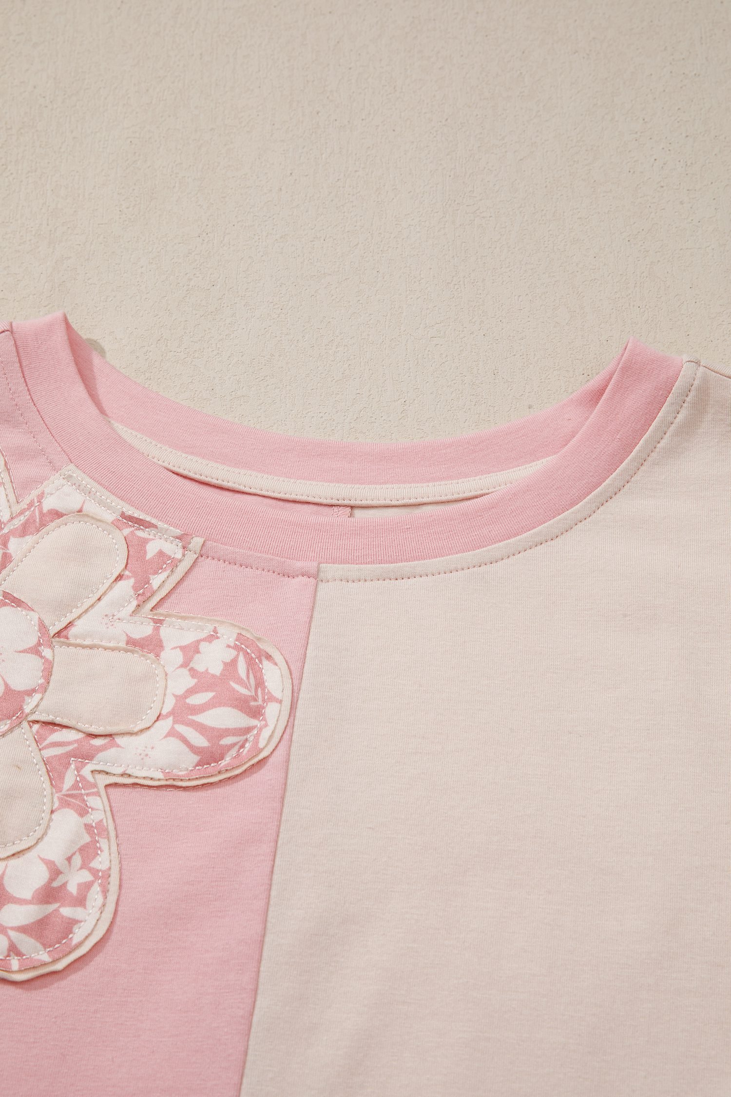 Apricot Color Block Flower Patched Loose T Shirt