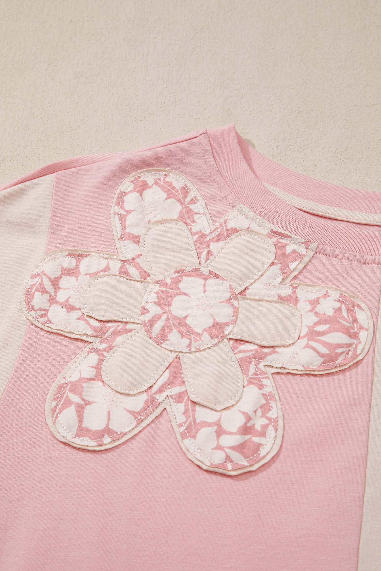 Apricot Color Block Flower Patched Loose T Shirt