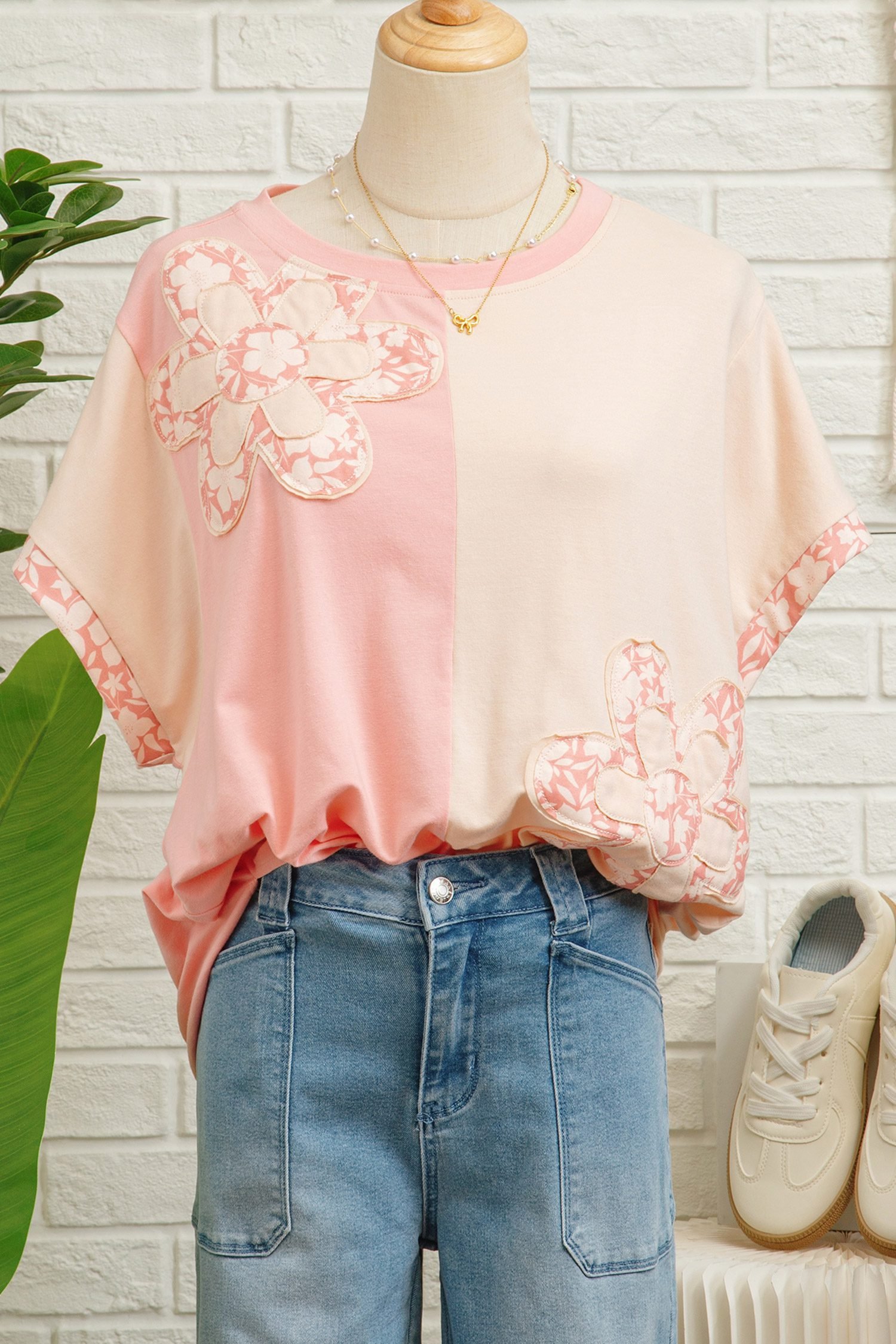 Apricot Color Block Flower Patched Loose T Shirt
