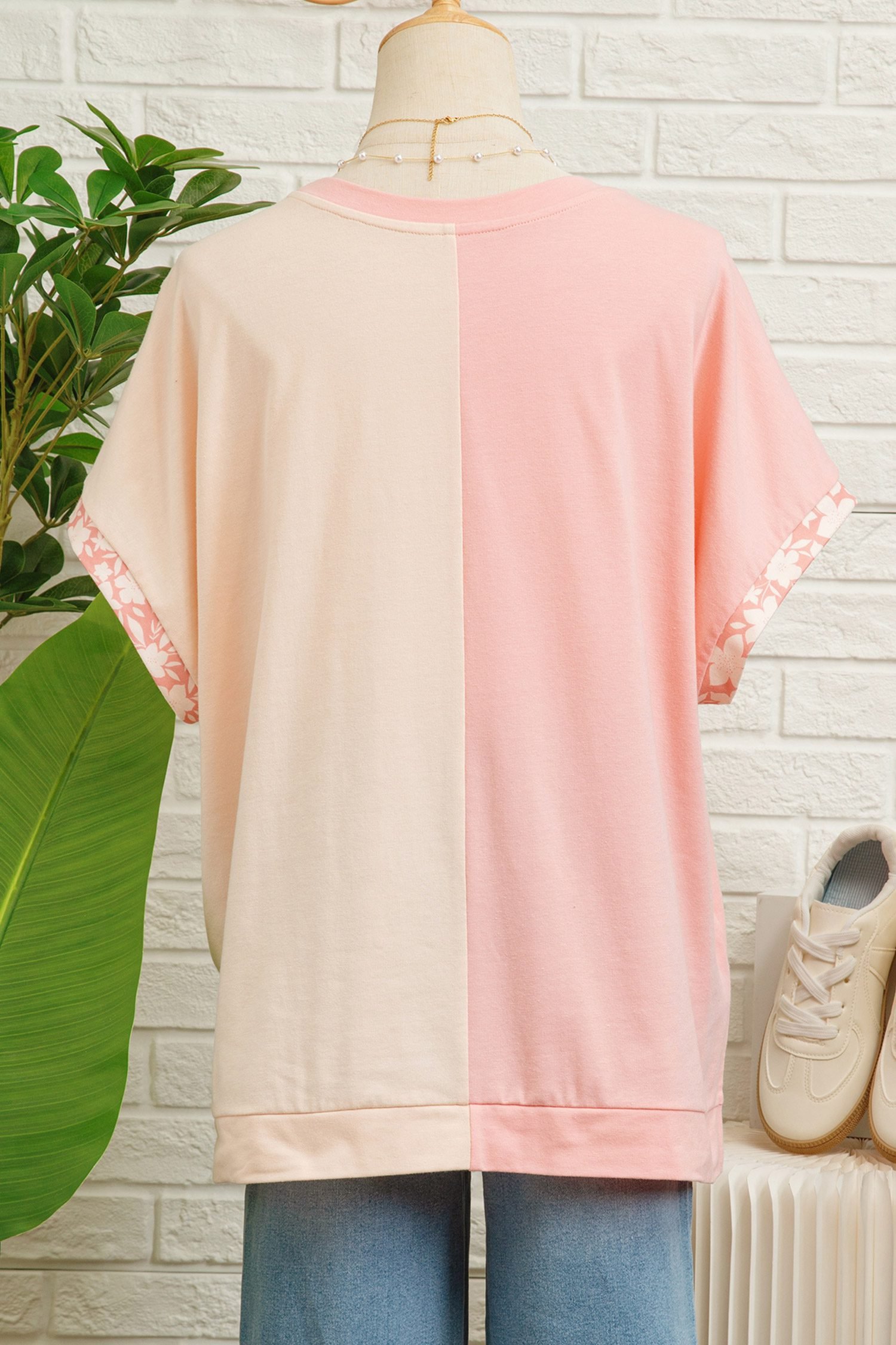 Apricot Color Block Flower Patched Loose T Shirt