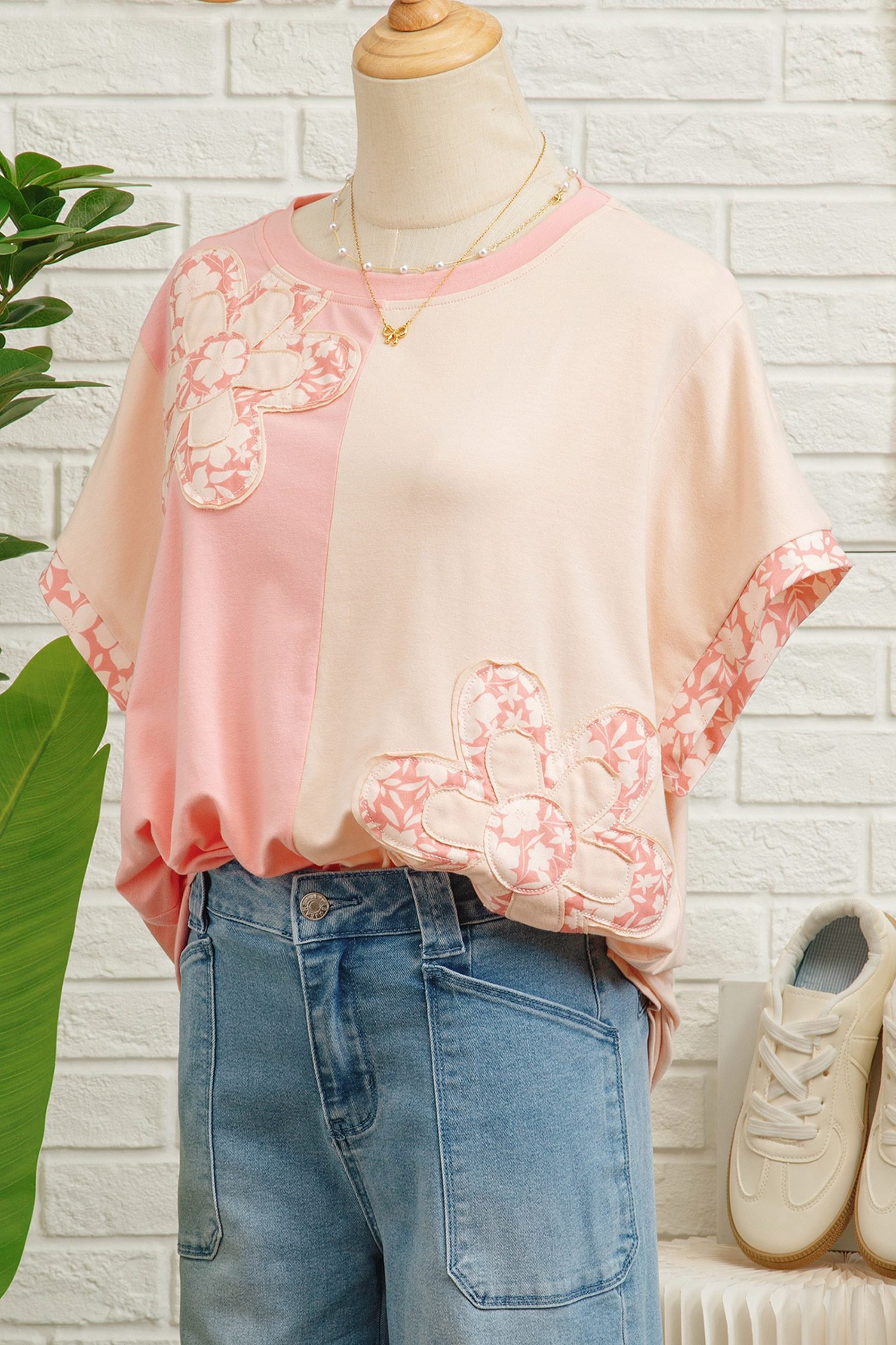 Apricot Color Block Flower Patched Loose T Shirt