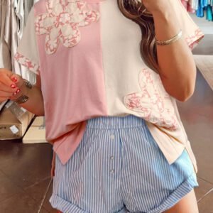 Apricot Color Block Flower Patched Loose T Shirt