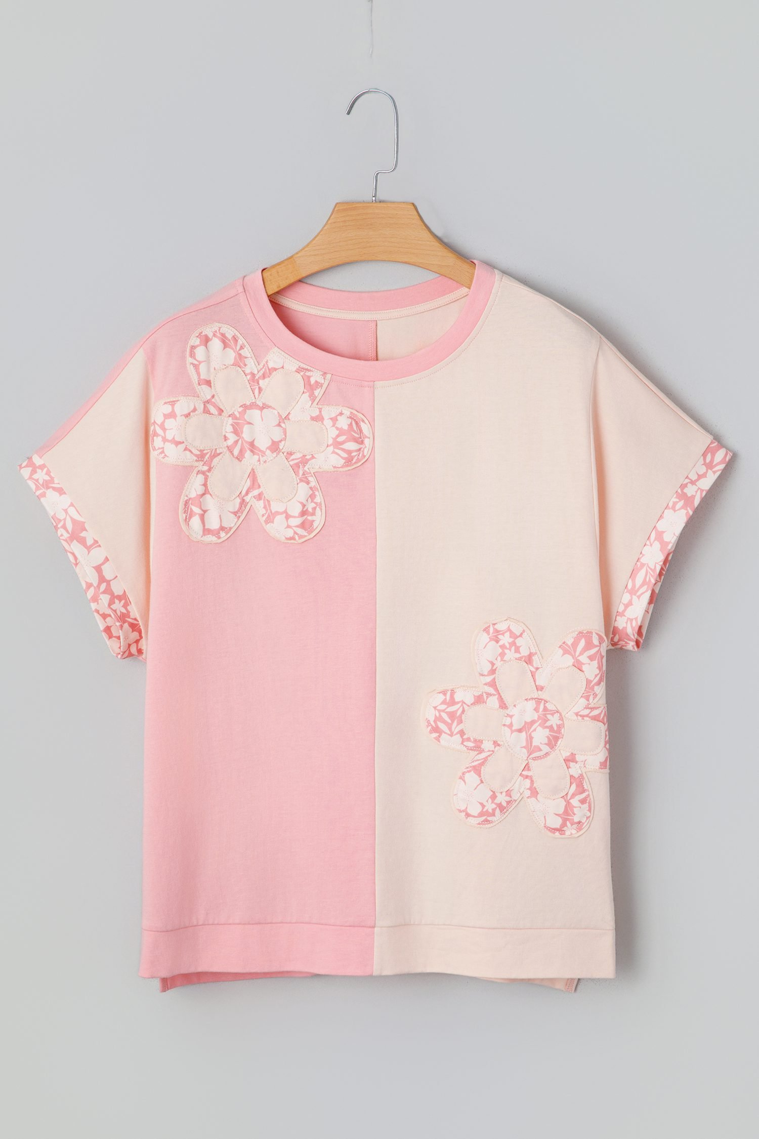 Apricot Color Block Flower Patched Loose T Shirt