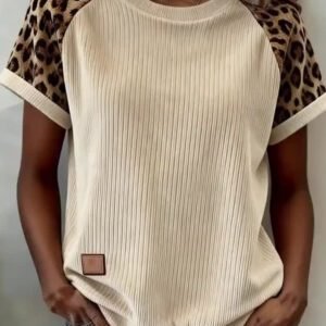 Apricot Ribbed Color Block Leopard Contrast Sleeve Loose Tee