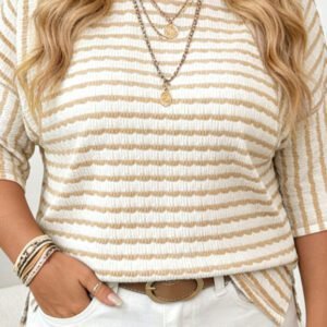 Apricot Stripe Plus Size Textured Patchwork Detail Half Sleeve Top