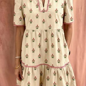 Apricot Striped Floral Print Contrast Detail Ruffle Hem Short Dress