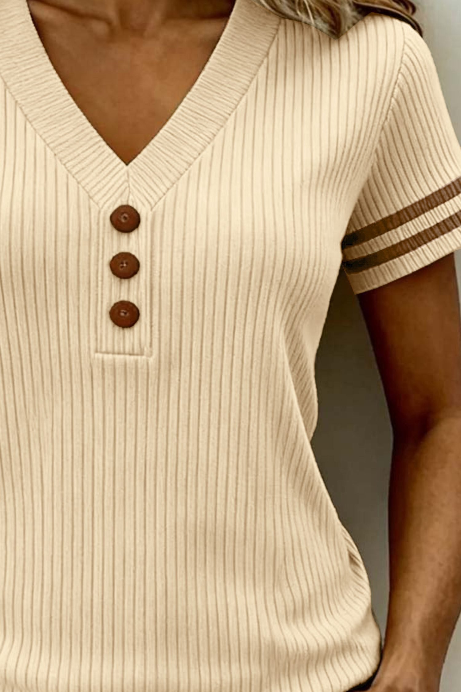 Apricot V Neck Ribbed Knit Striped Trim Short Sleeve Sweater