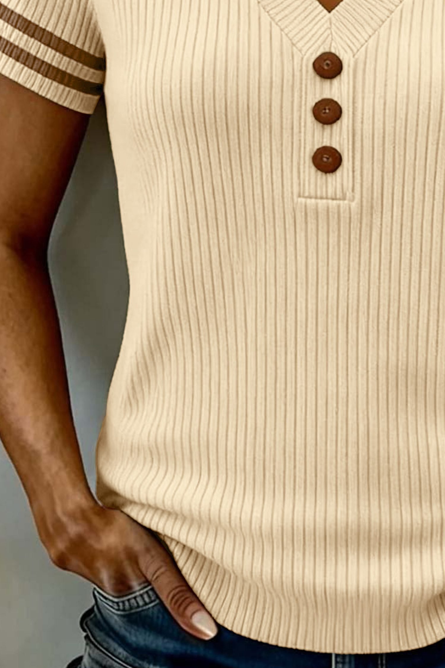Apricot V Neck Ribbed Knit Striped Trim Short Sleeve Sweater