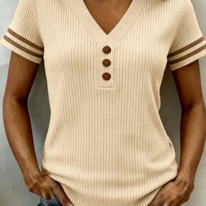 Apricot V Neck Ribbed Knit Striped Trim Short Sleeve Sweater