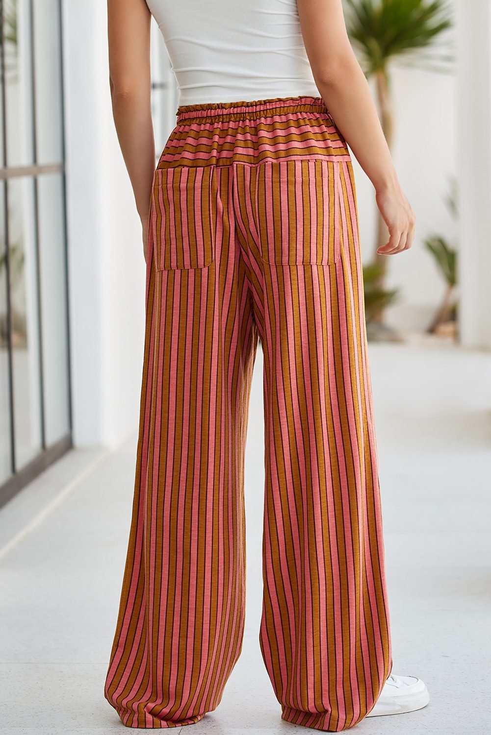 Red Stripe Button Pocket Tie Waist Casual Wide Leg Pants