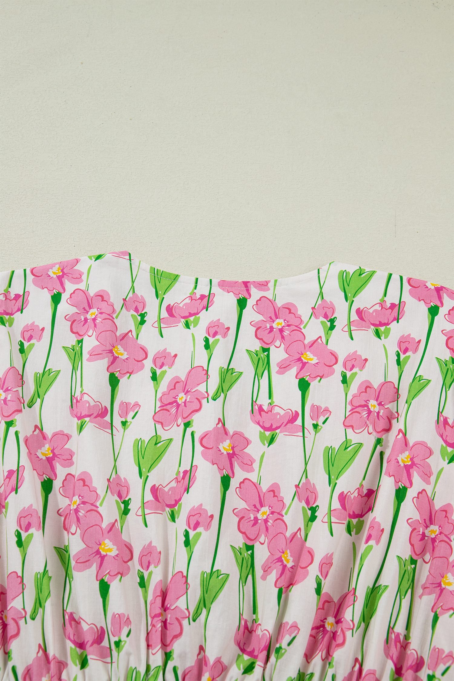 Pink Floral Print Contrast Trim V Neck Short Sleeve Elegant Midi Dress