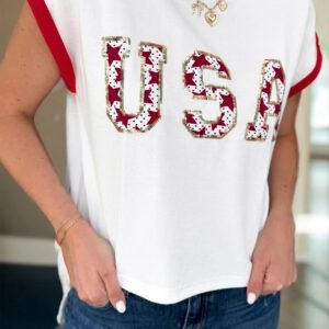 White USA Sequin Color Block Trim Loose T Shirt