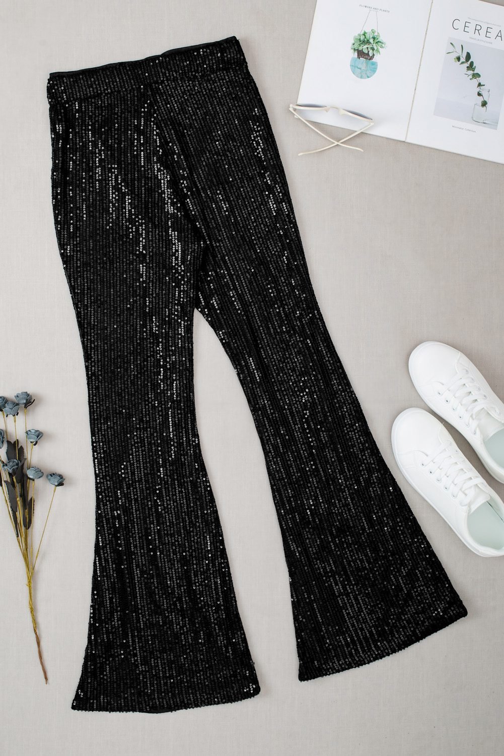 Black Sequin Wide Leg Pants