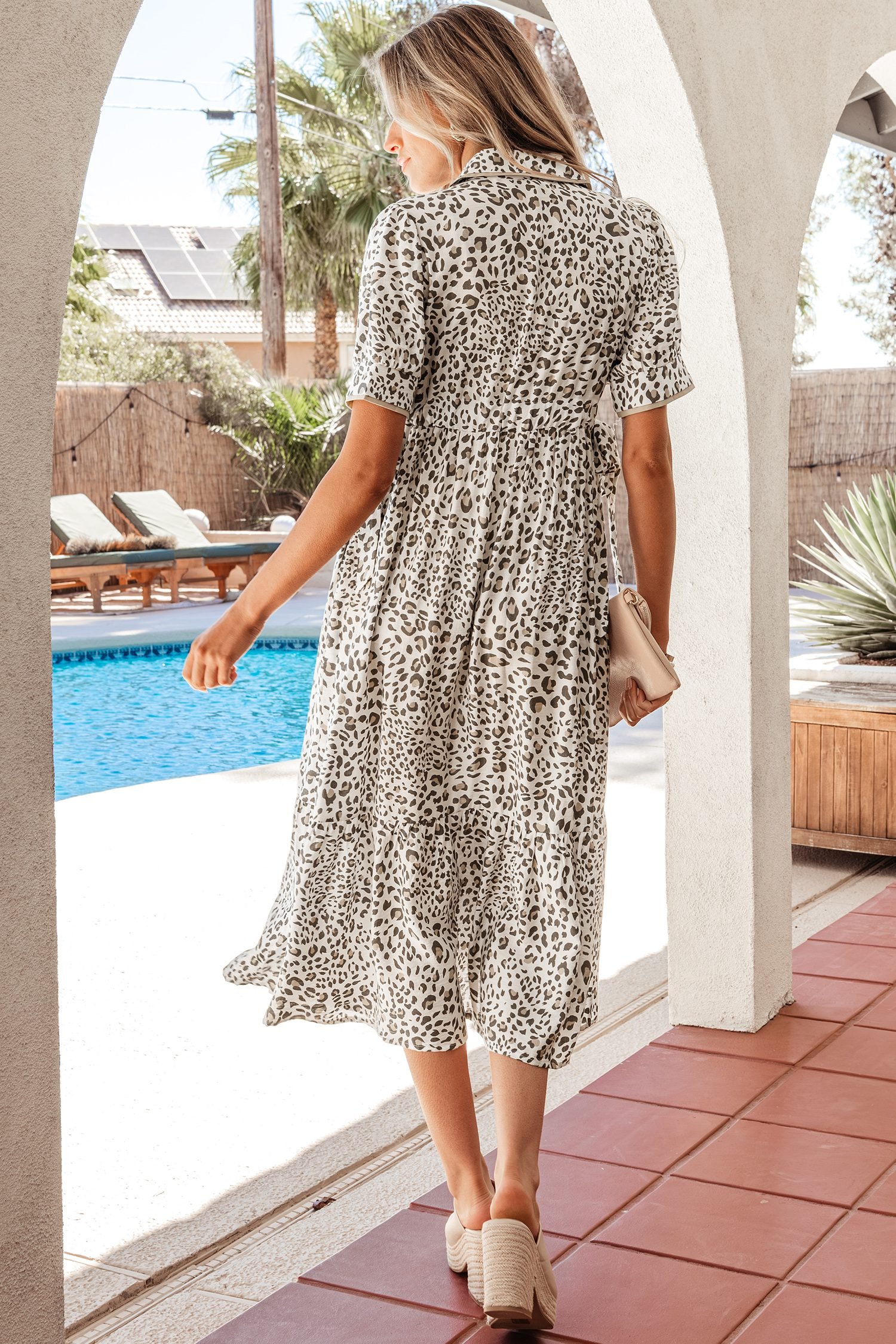 White Leopard Contrast Trim Button Front Short Puff Sleeve Long Dress