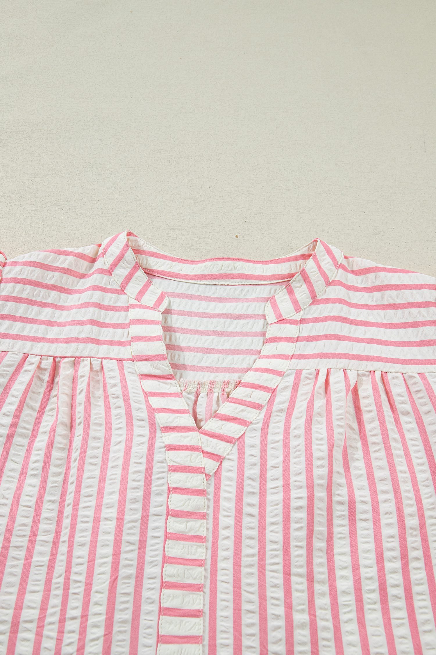 Pink Stripe Print Floral Embroidered Puff Sleeve V Neck Blouse