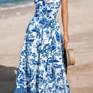 Sky Blue Twisted Bust Spaghetti Straps Backless Floral Maxi Dress