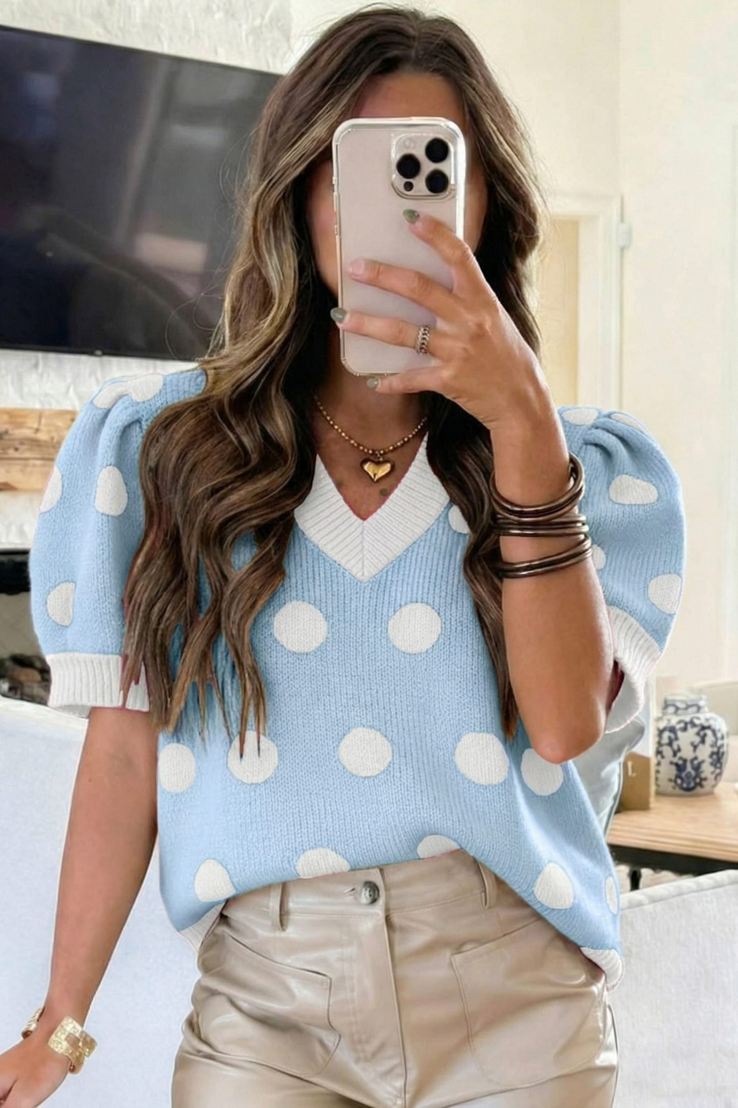 Light Blue Polka Dot Puff Short Sleeve Sweater Top