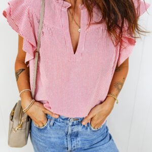 Red Stripe Frilly Split Neck Double Ruffled Short Sleeve Blouse