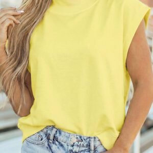 Yellow Solid Color High Neck Cap Sleeve Loose Top