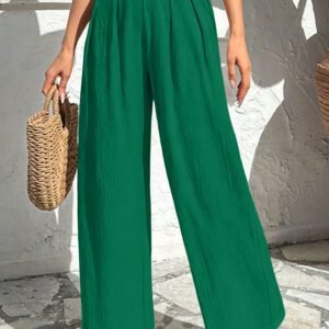 Evergreen Solid Color Textured Crossed Waist Loose Pants