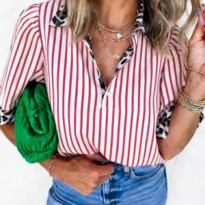 Red Stripe Leopard Contrast Trim Half Button Blouse