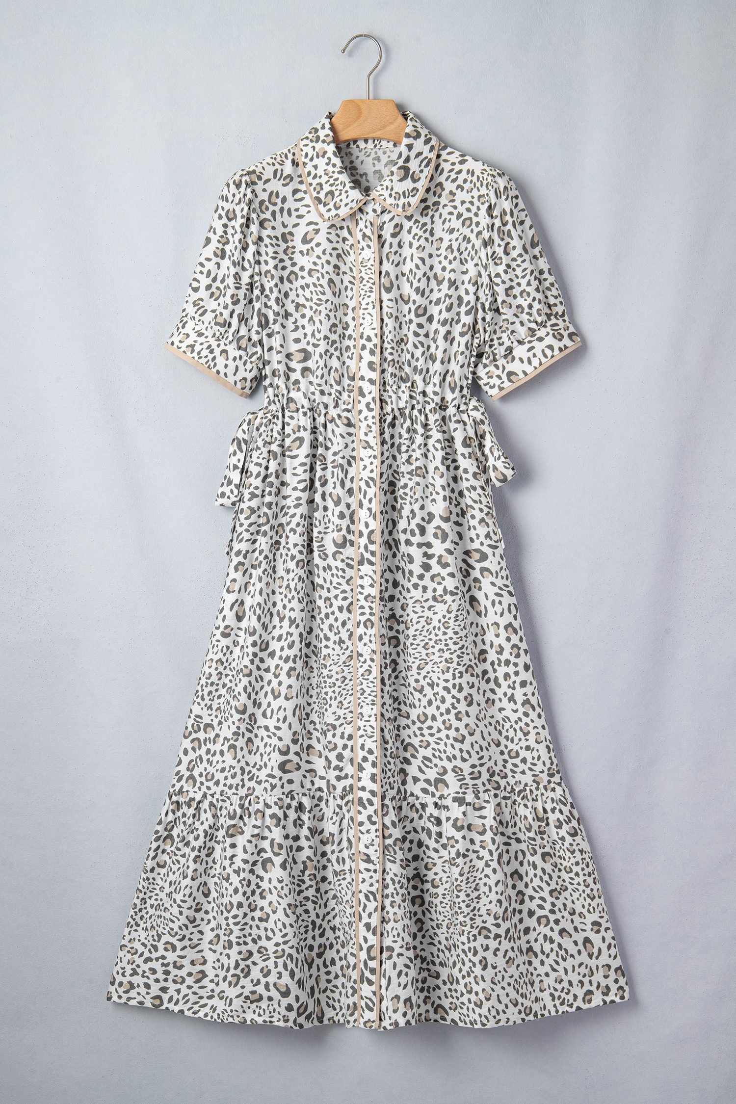 White Leopard Contrast Trim Button Front Short Puff Sleeve Long Dress