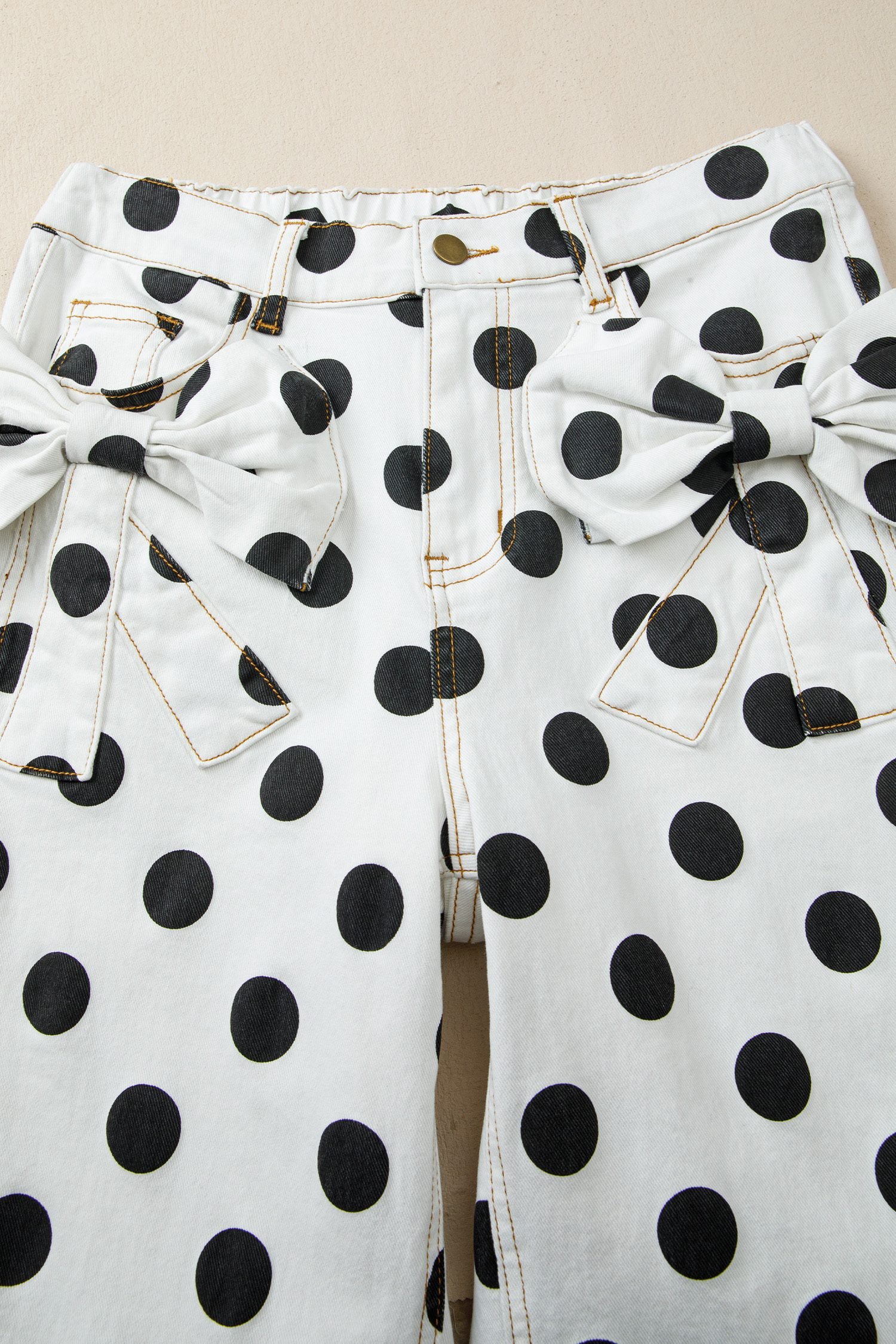 White Polka Dot Print Bow Detail Pocketed Jeans