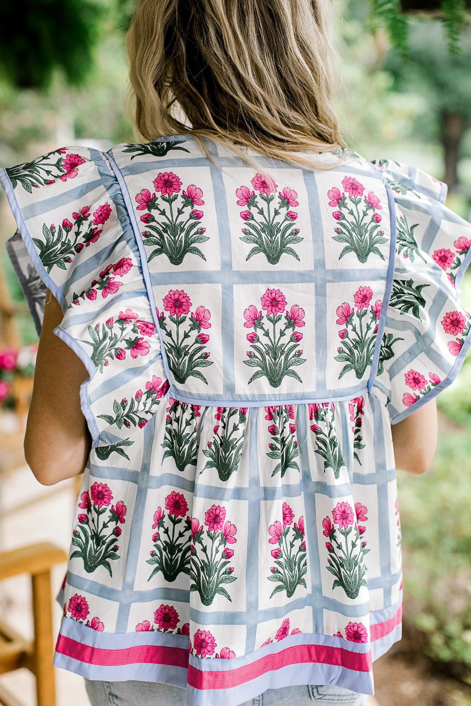 Pink Floral Flutter Sleeve Split V Neck Top