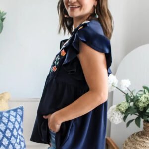 Dirty Blue V Neck Ruffled Sleeve Floral Embroidered Detail Babydoll Blouse