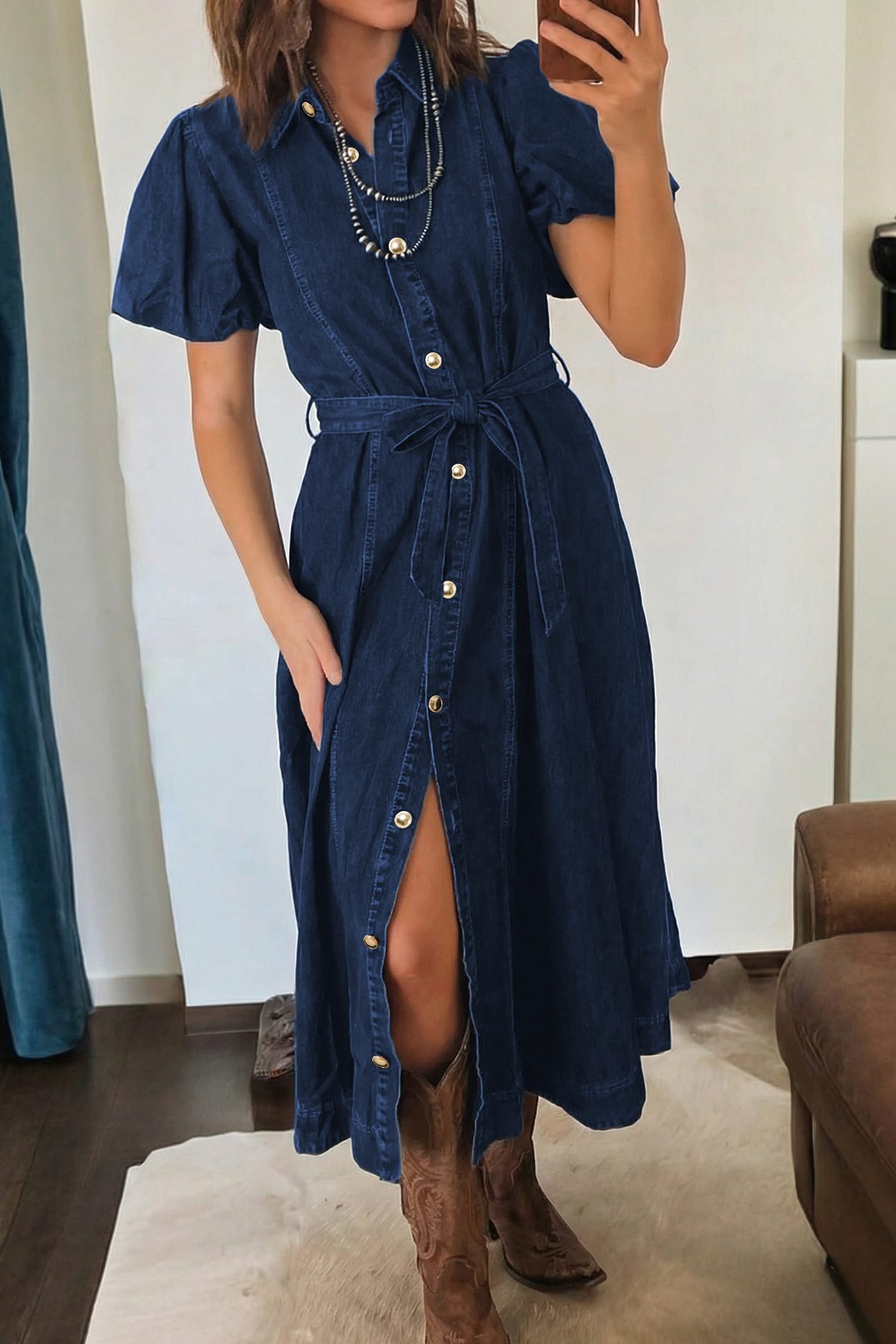 Sail Blue Full Buttons Collared Short Bubble Sleeve Long Denim Dress