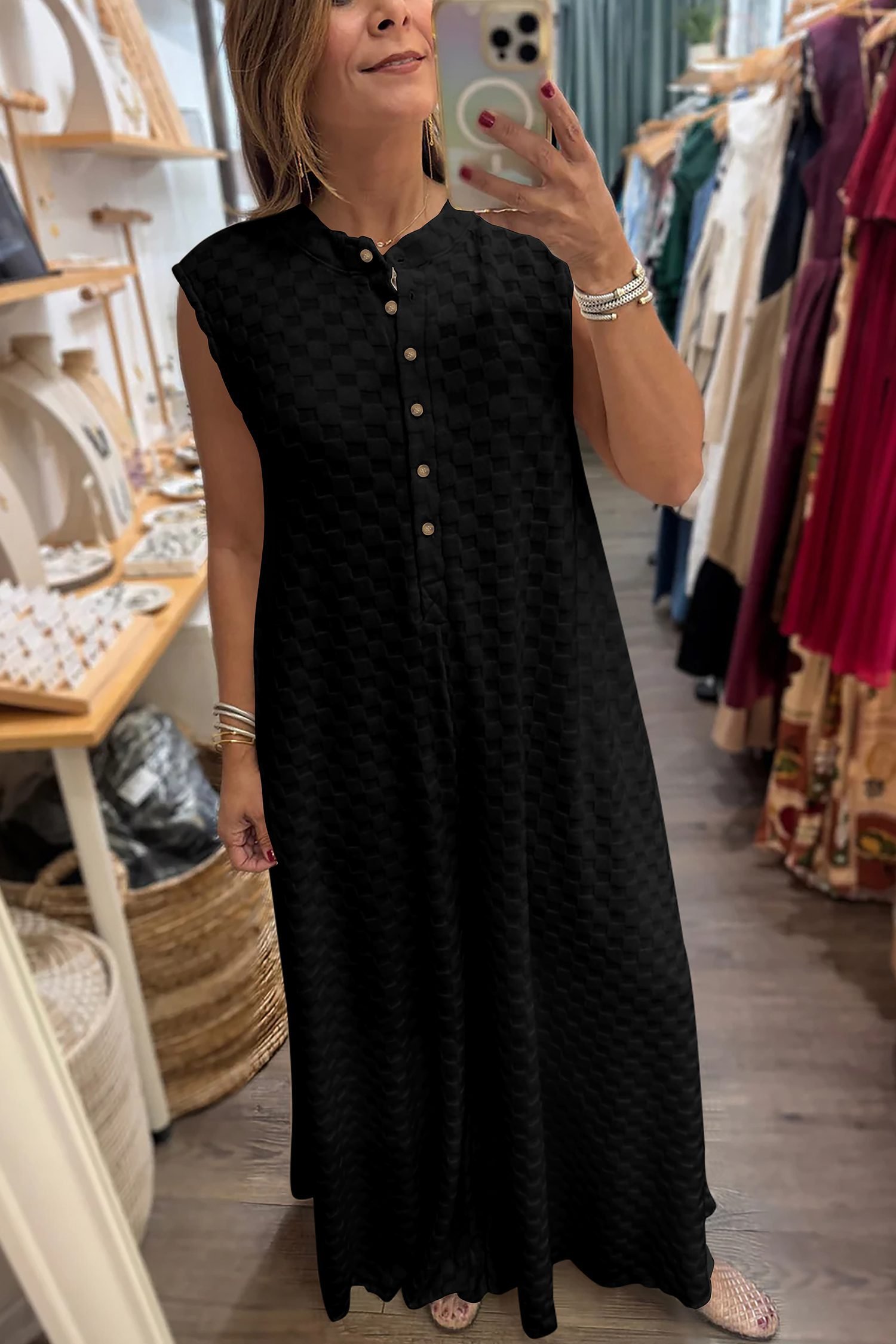 Black Half Buttons Sleeveless Wide Leg Textured Jumpsuit