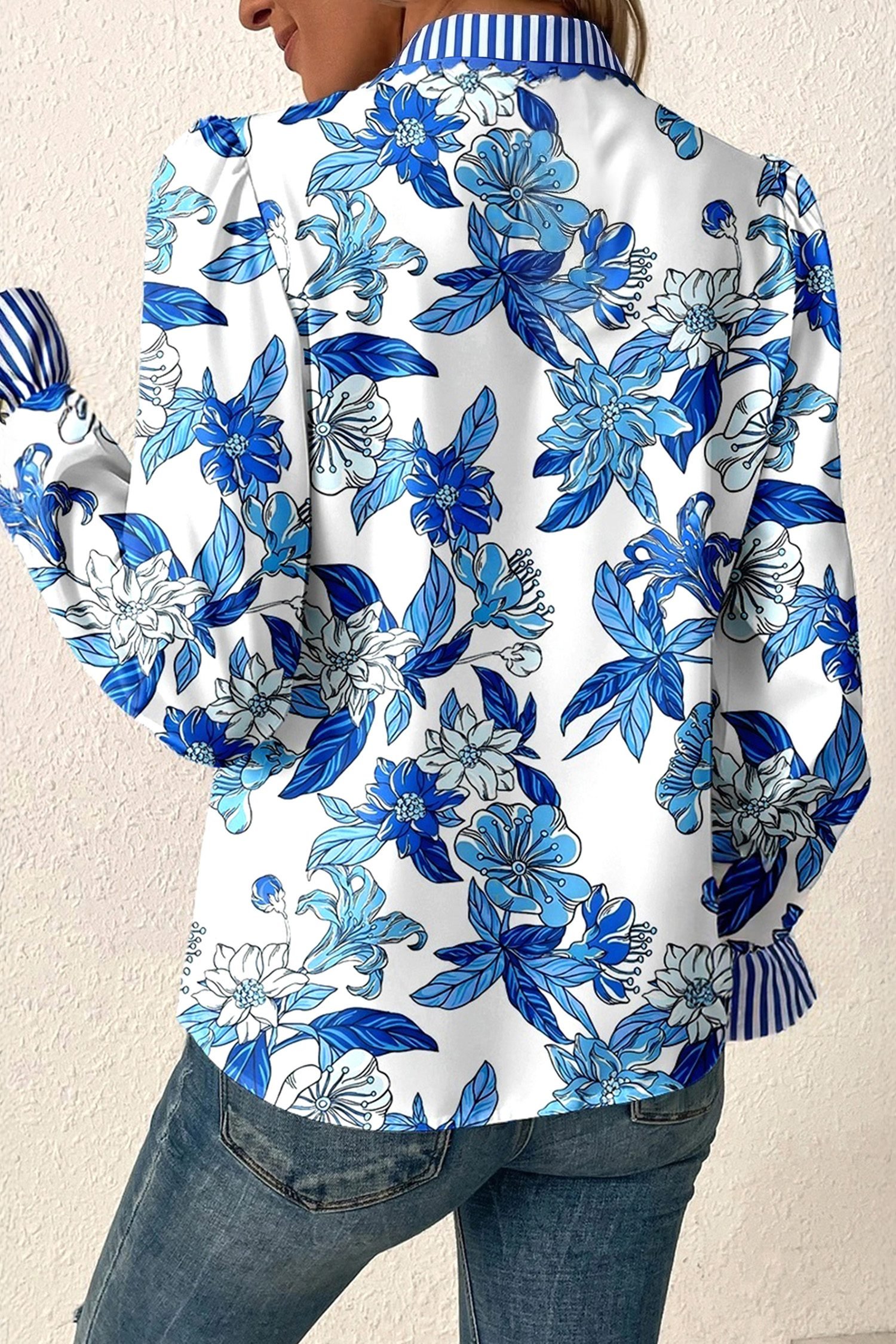 Sky Blue Floral Print Striped Patchwork Long Flounce Sleeve Ricrac Trim V Neck Blouse