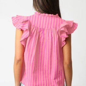 Pink Stripe Split Neck Ruffled Summer Blouse