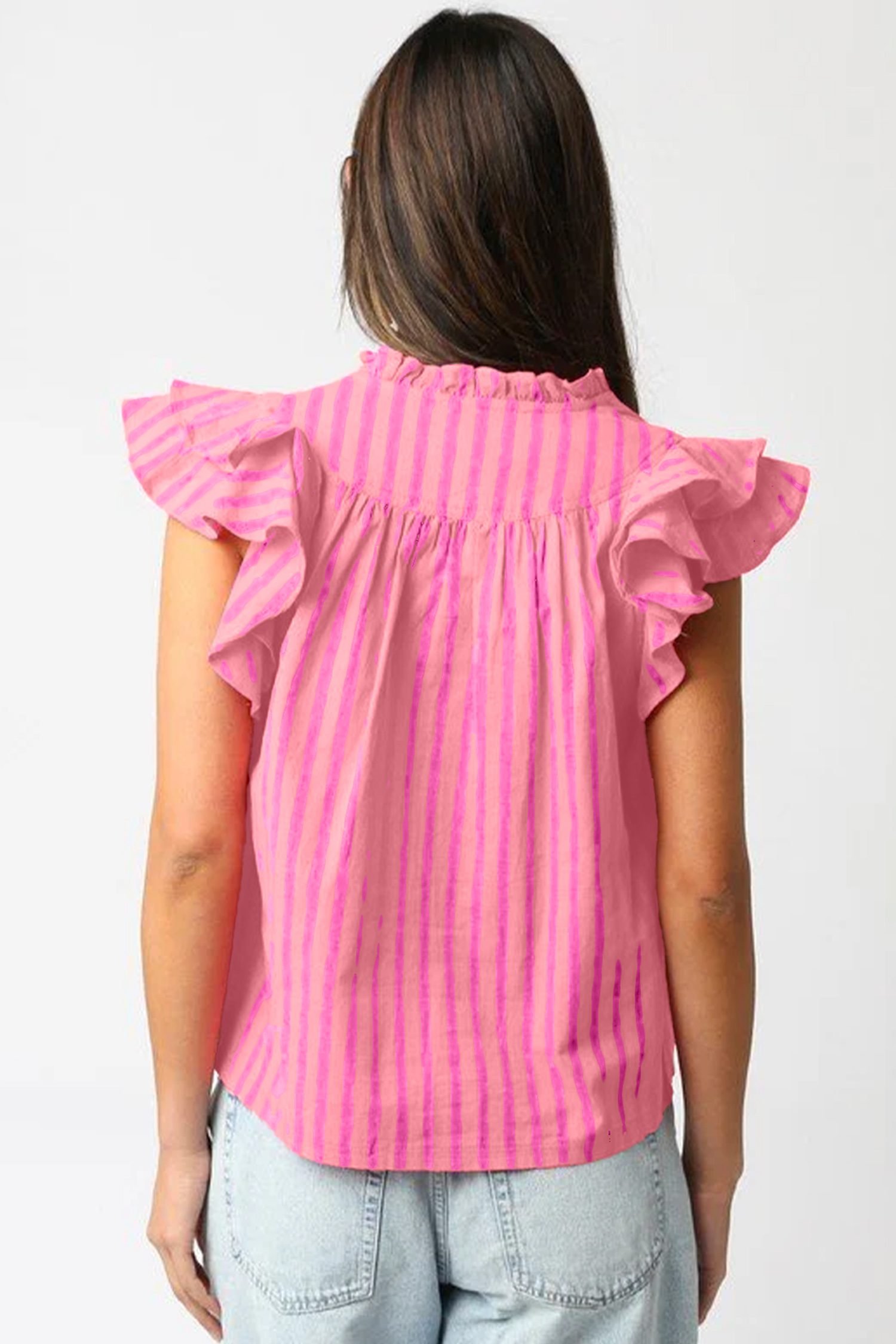 Pink Stripe Split Neck Ruffled Summer Blouse