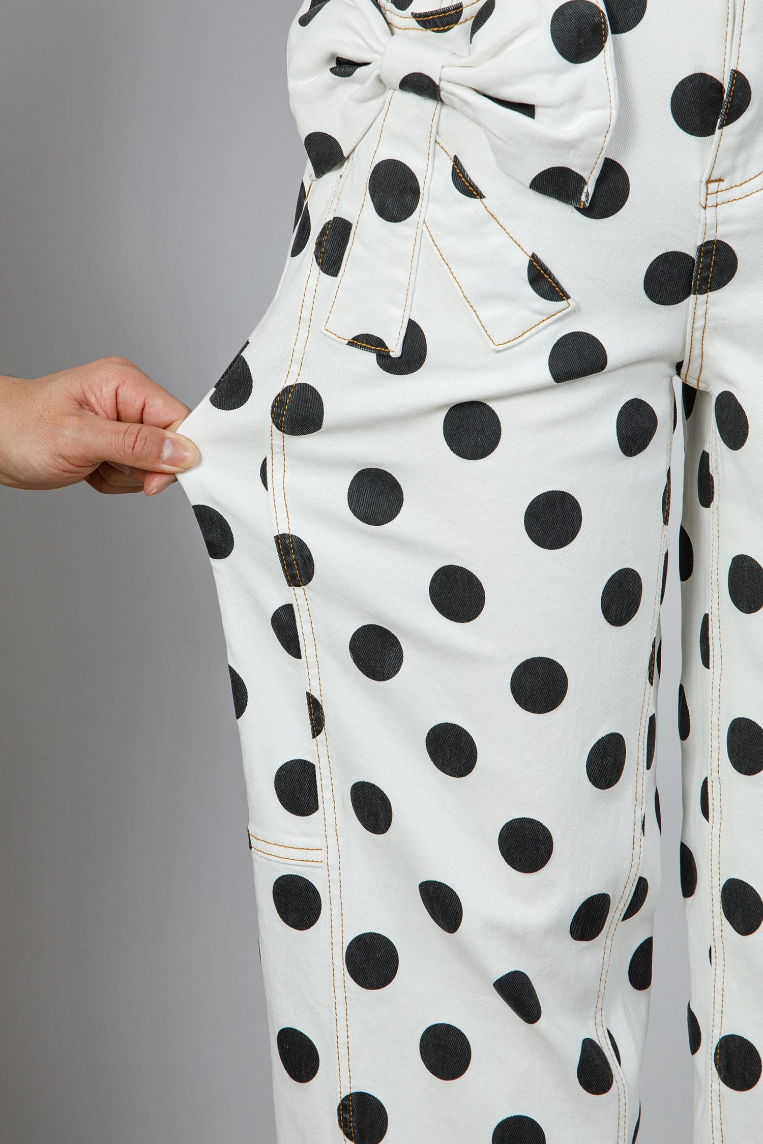 White Polka Dot Print Bow Detail Pocketed Jeans