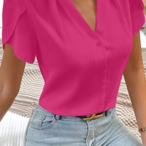 Rose Red Silky Notched Neckline Petal Sleeve Blouse