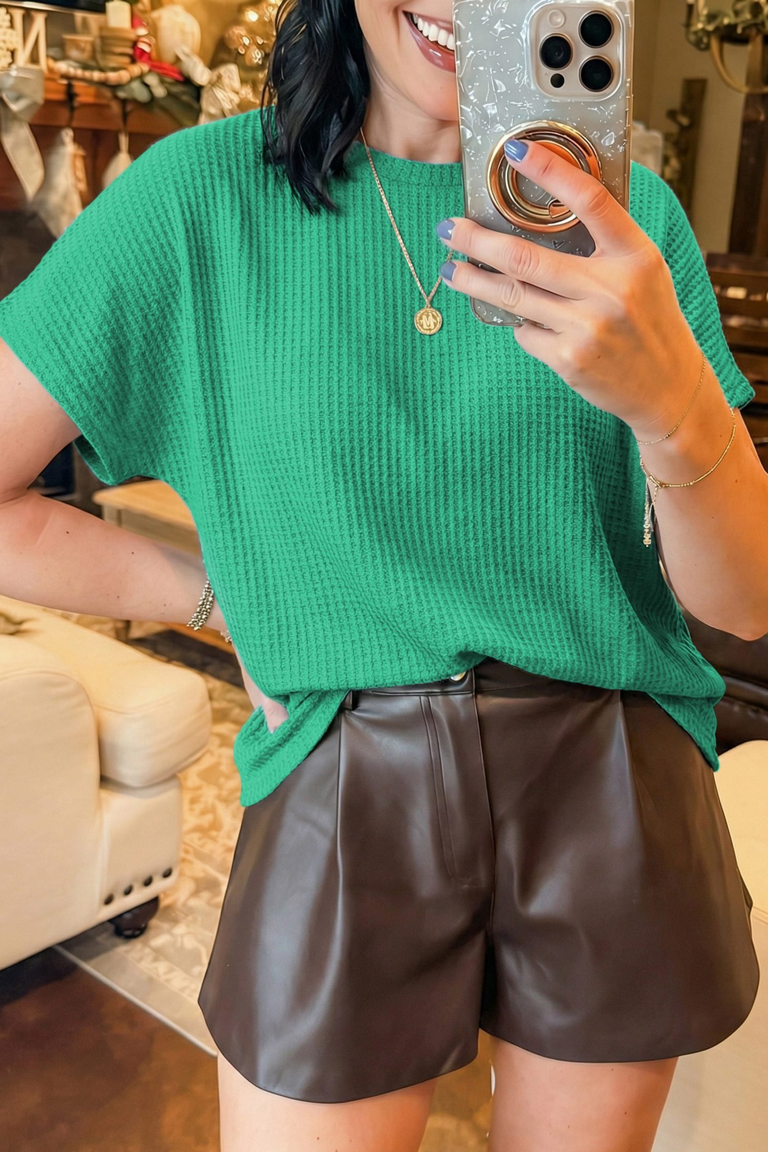 Sea Green Waffle Textured Knit Dolman Short Sleeve Loose Top