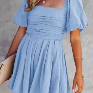 Sky Blue Brown Square Neck Ruched Puff Sleeve Romper