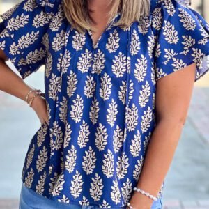 Blue Plus Size Botanical Print Tie V Neck Ruffle Short Sleeve Blouse