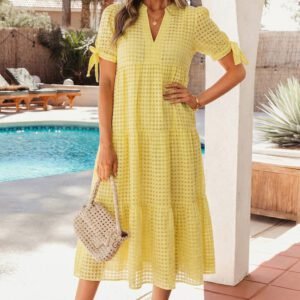 Yellow Gingham Textured Bow Tie Short Sleeve Tiered Midi Dress