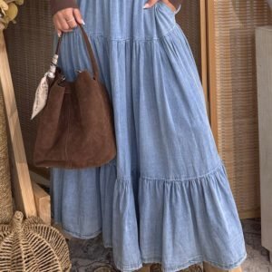 Beau Blue Elastic Waist Ruffled Tiered Flared Denim Maxi Skirt